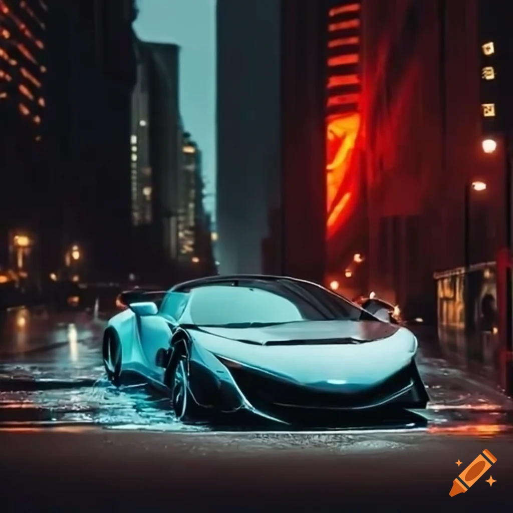 Sleek sports car on wet city roads during a rainstorm