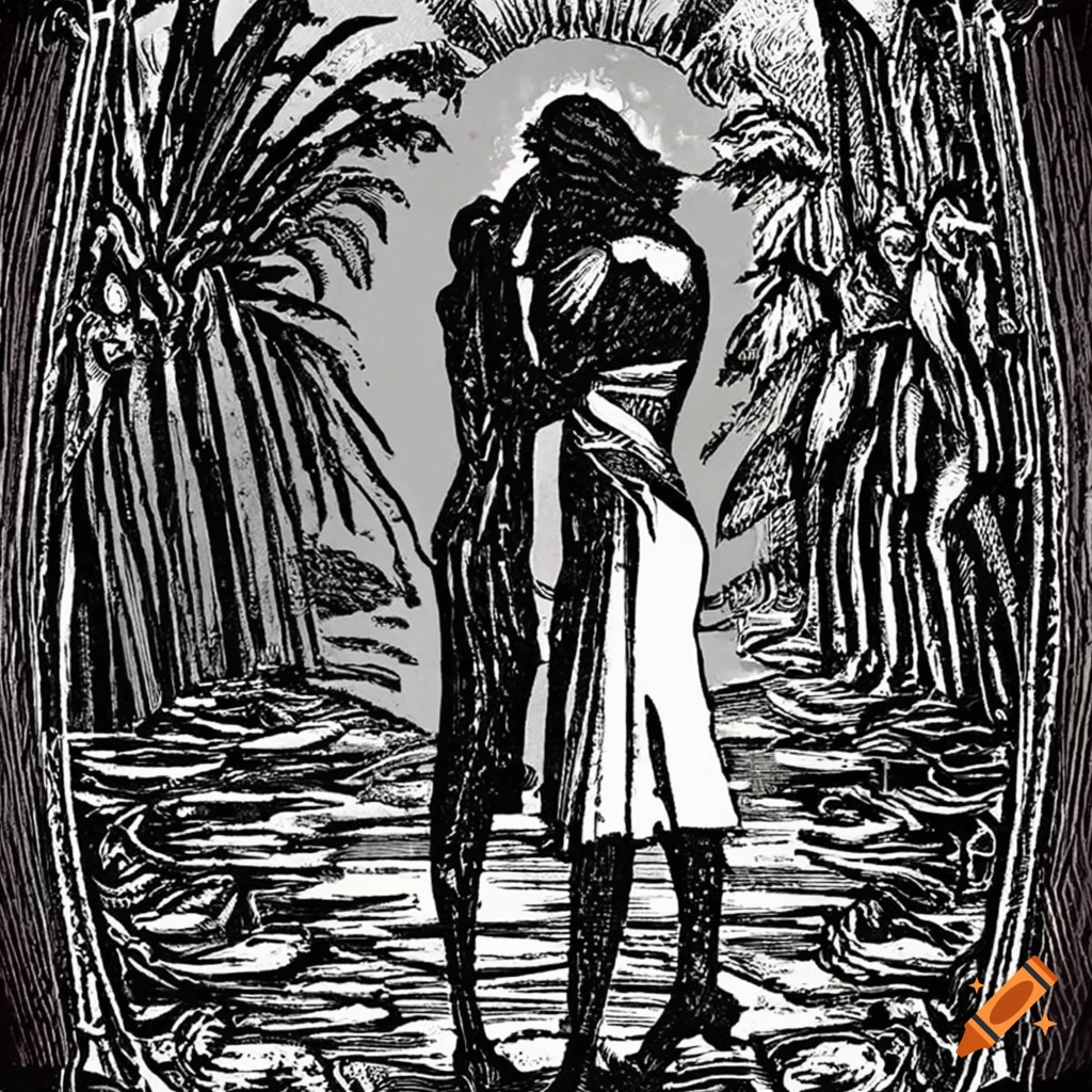 Engraved Tarot Card with silhouettes of lovers in paradise
