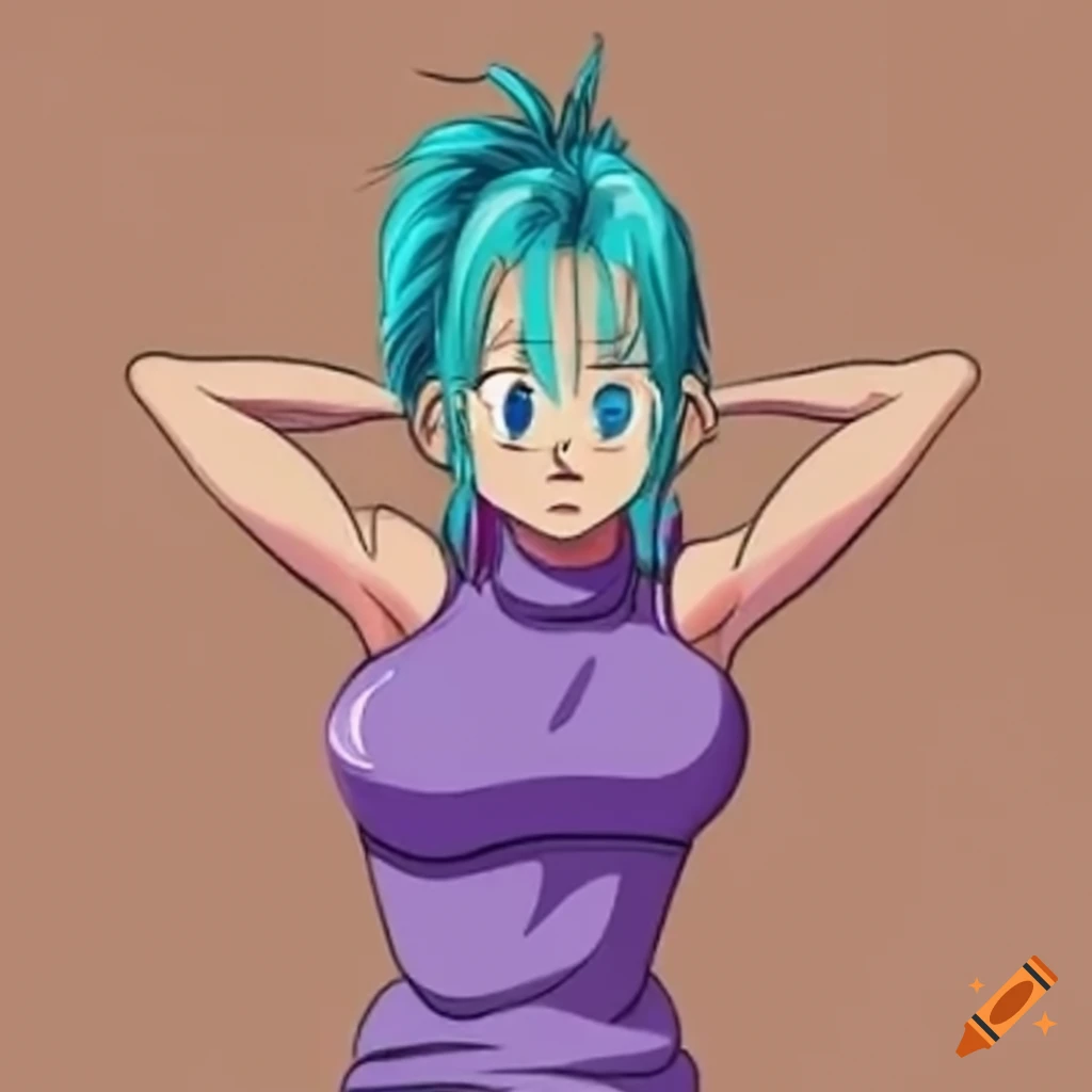 Female character with turquoise hair in a purple outfit laying on a bed