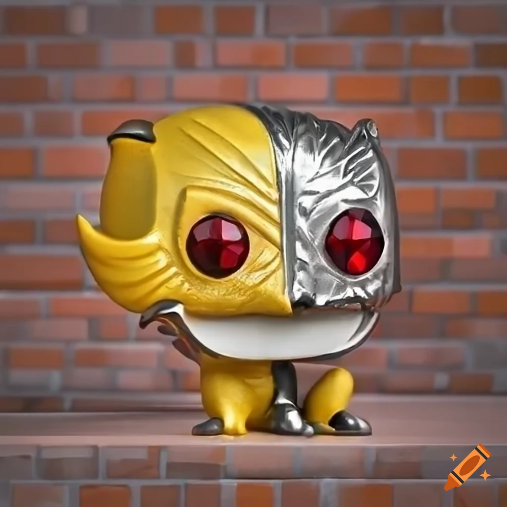 Funko Pop figurine with gem stones on terracotta bricks background