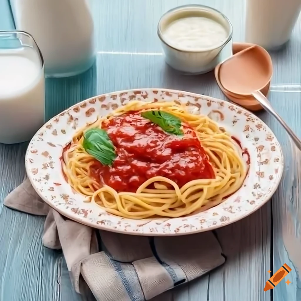 Plate of spaghetti with sauce and a glass of milk on a wooden table