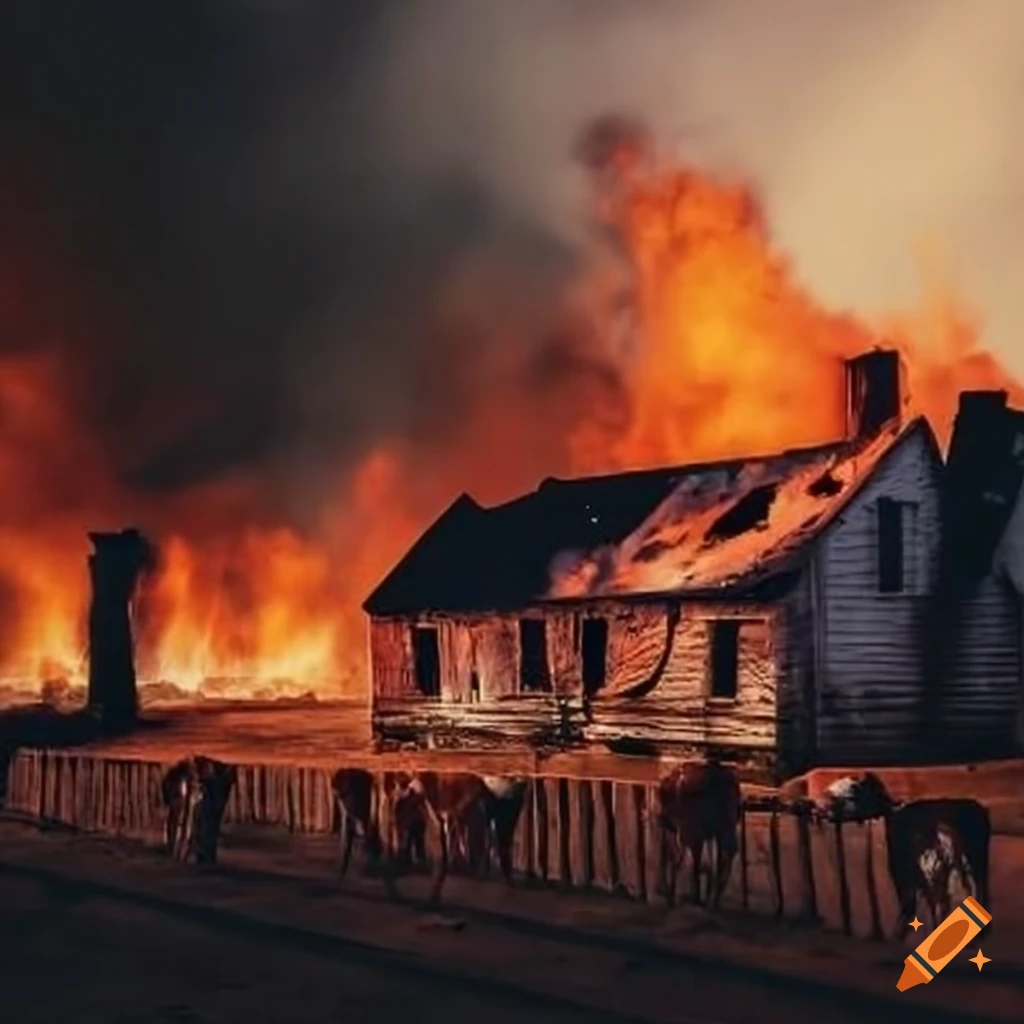 Burned colonial farm with cows