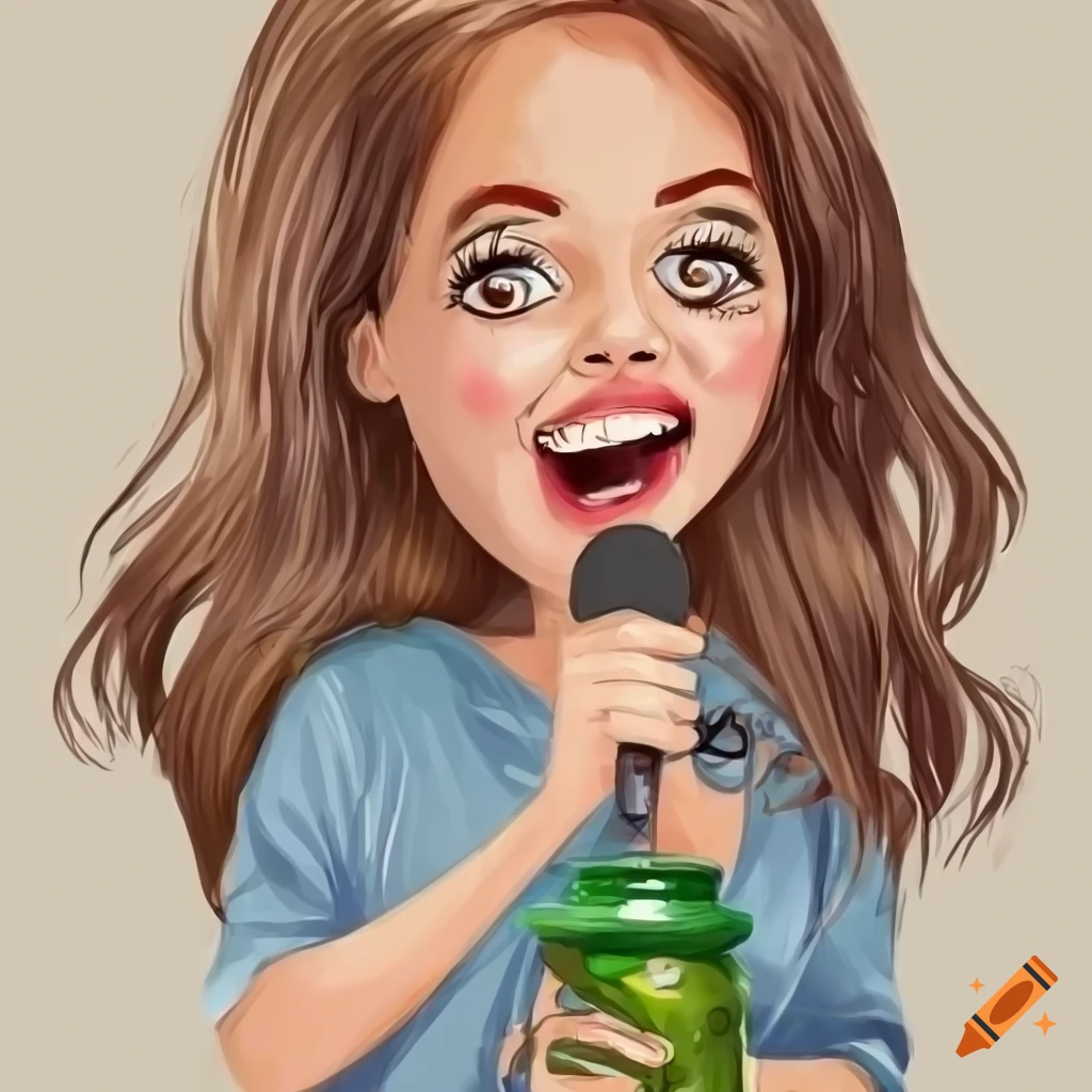 Cartoon drawing of a happy english woman with long brown hair holding ...