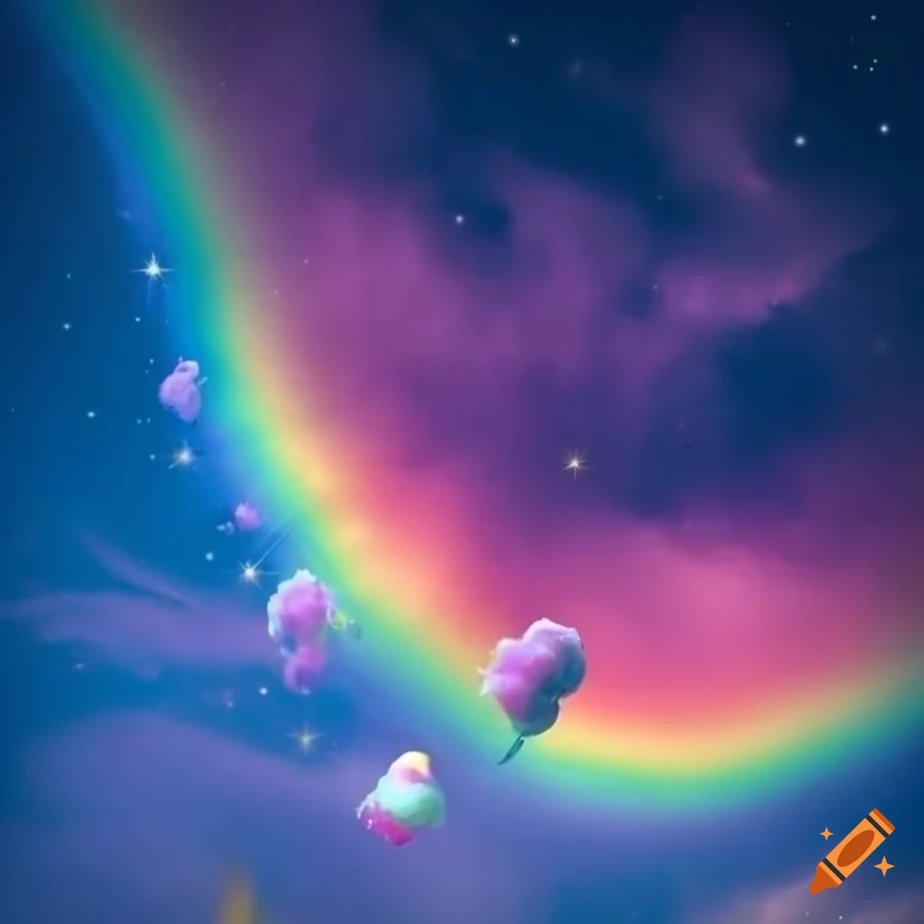 Rainbows, dreams, memories, cotton candy clouds, and stars in a whimsical sky