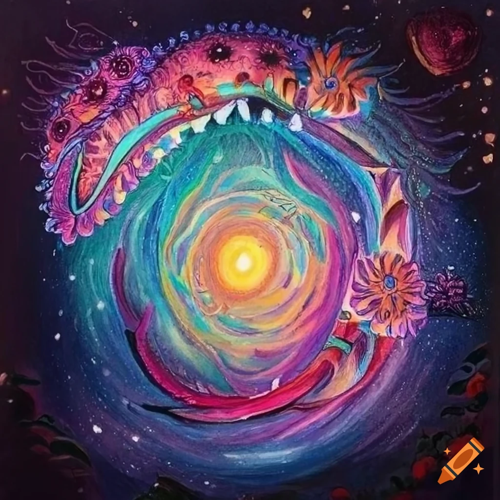 Tribal ancient art landscape with cosmos, milky way, and animals in colored pencil style