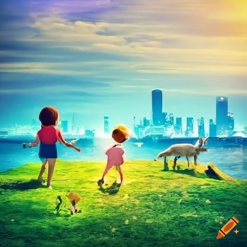 Children and animals playing on sunny grass hills by the seaside with a futuristic city skyline in the background