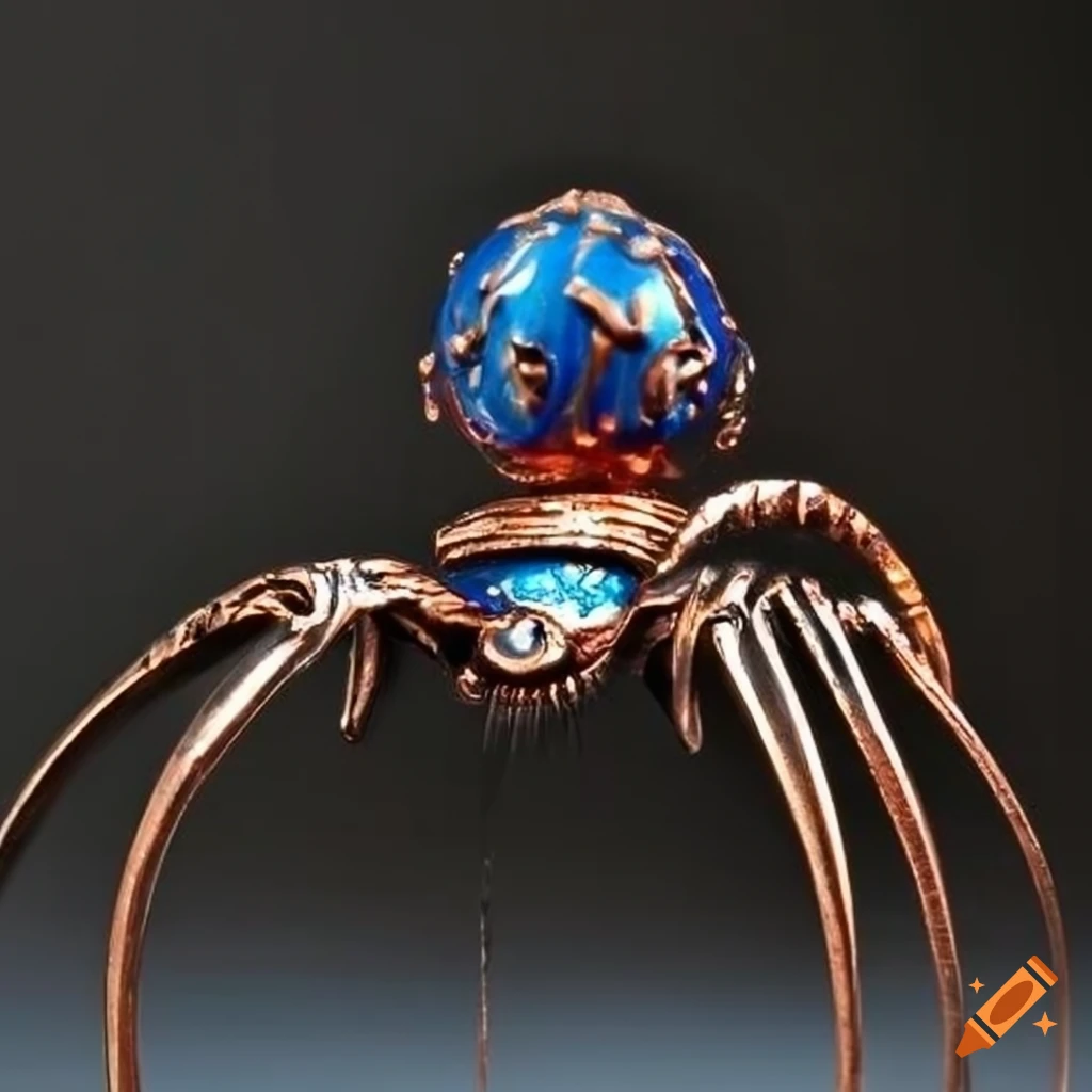 Metallic tribal design with blue, yellow, and red Joro Spider carving