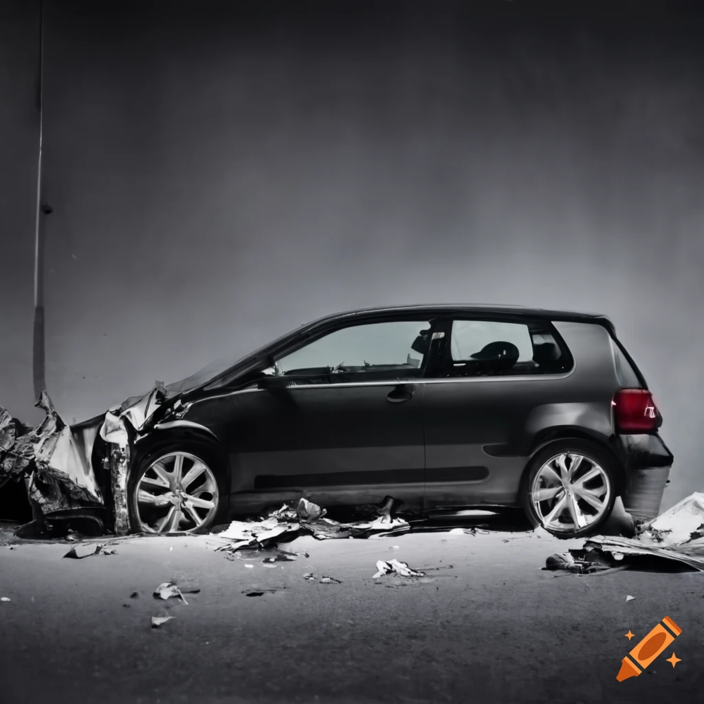 Traffic accident involving Volkswagen Golf with European license plate on rainsoaked street
