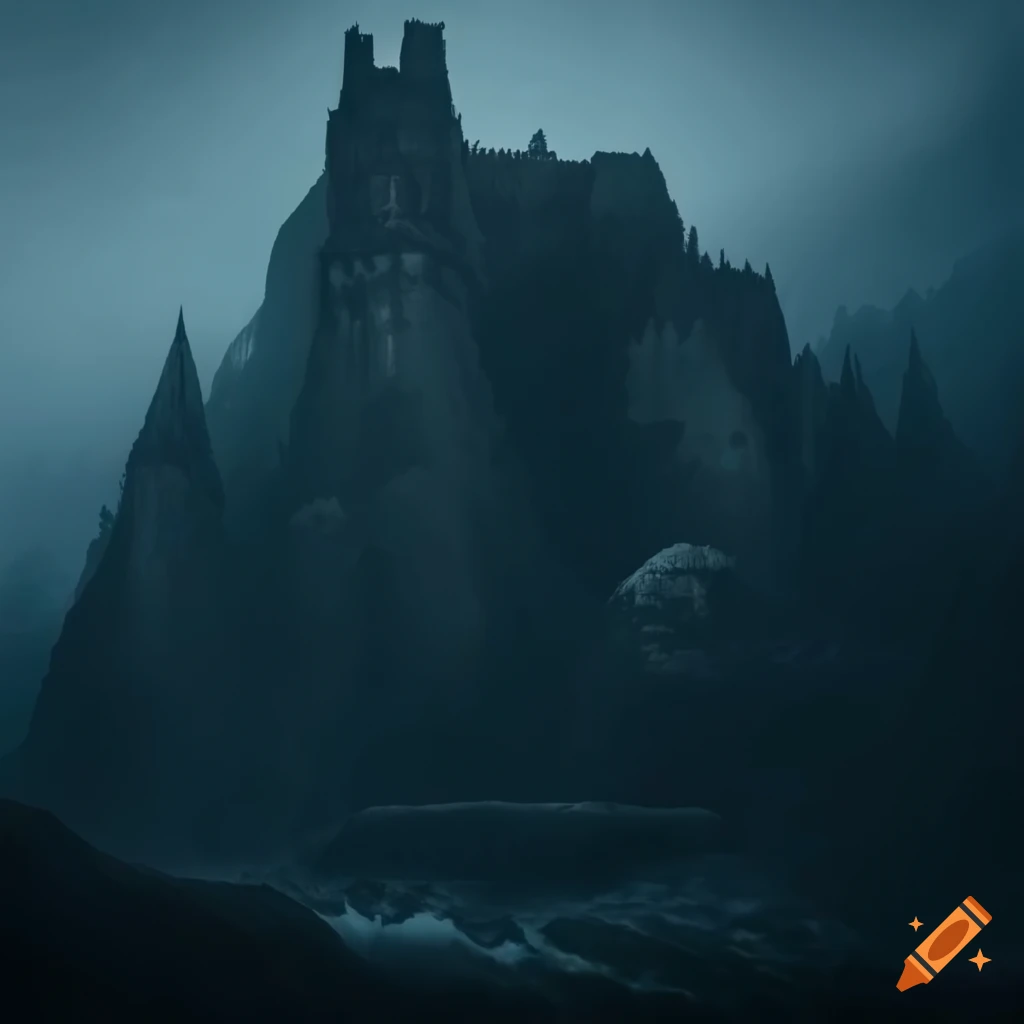 Gothic fortress carved into snowy mountains with a dark and evil ...