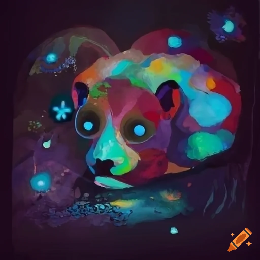 Abstract primitive art landscape with cosmos animals