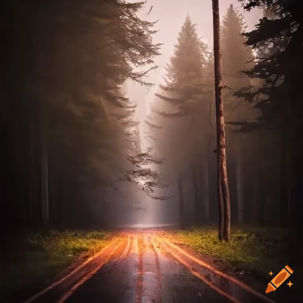 Wet country road in the dusk with a rusted sign saying "Curry"