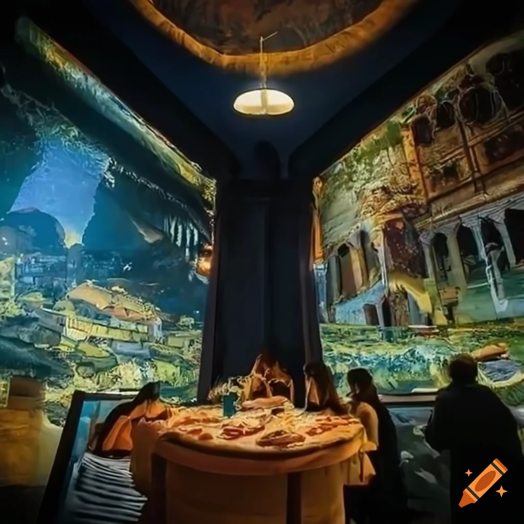 Pizza restaurant with immersive Italian scenery art