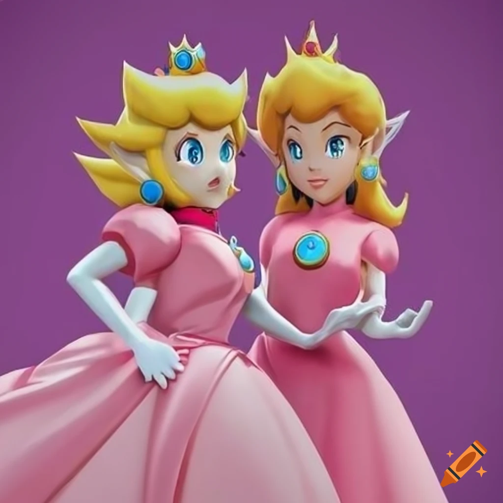Princess Peach and Link in pink silk ballgowns posing together on Craiyon