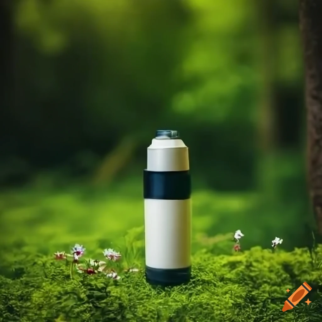 Men's deodorant on grass with waterfall, forest, and flowers in background