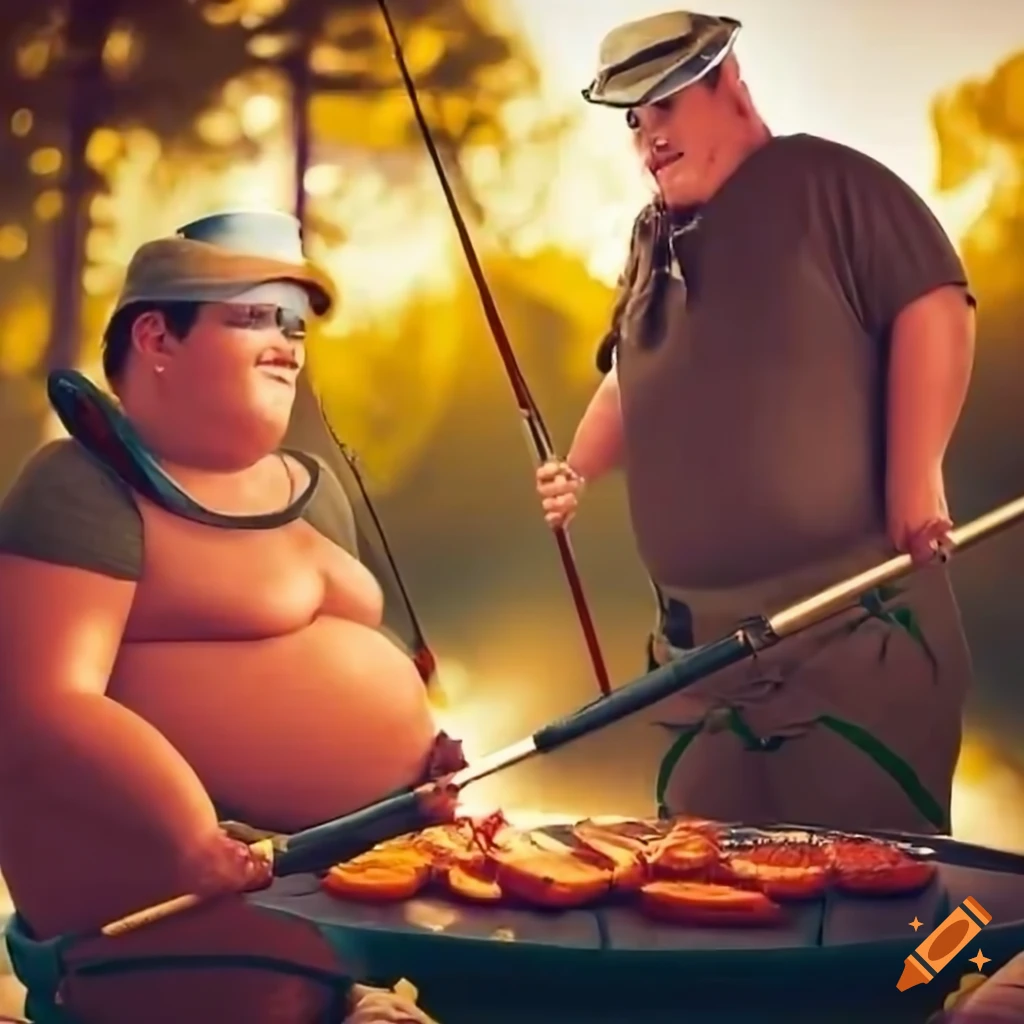 Barbecue party with people in fishing gear