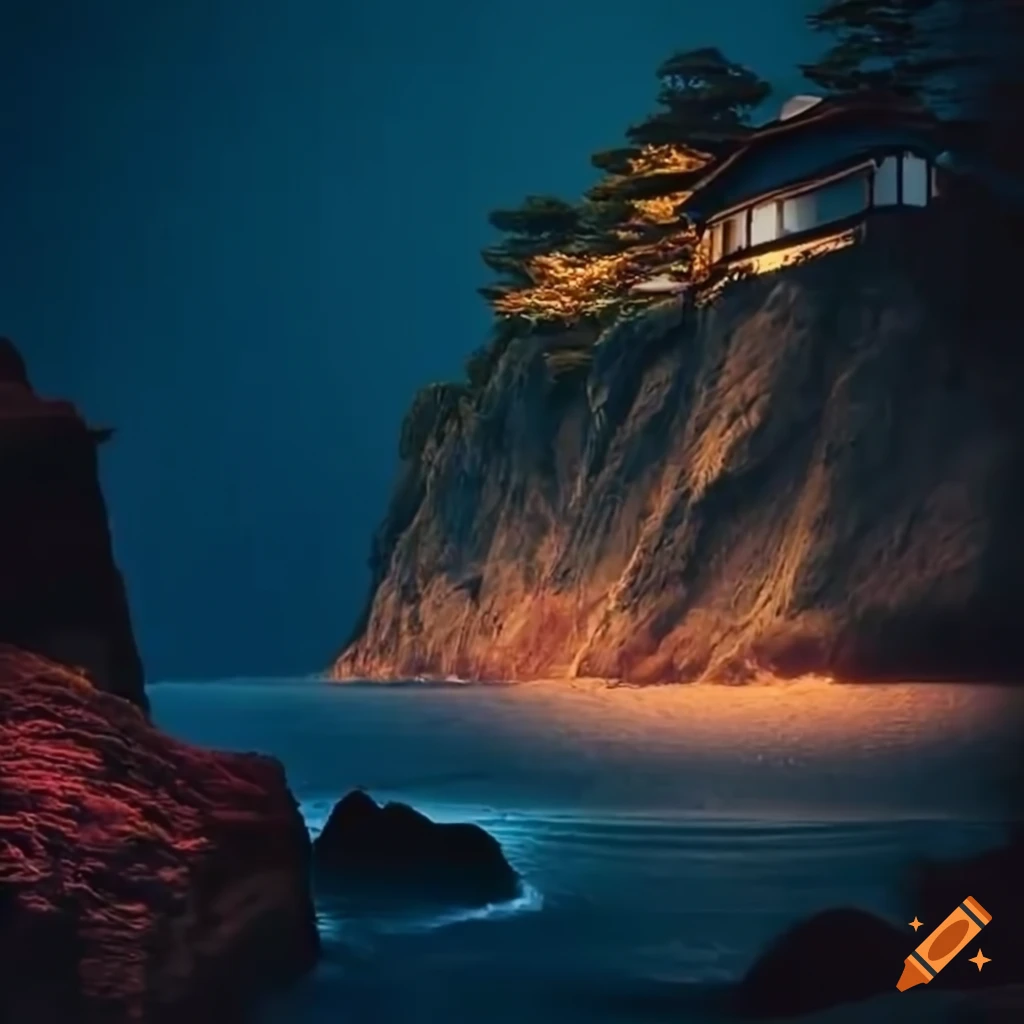 Secret ryokan on a cliff with pine and maple trees and crashing waves below