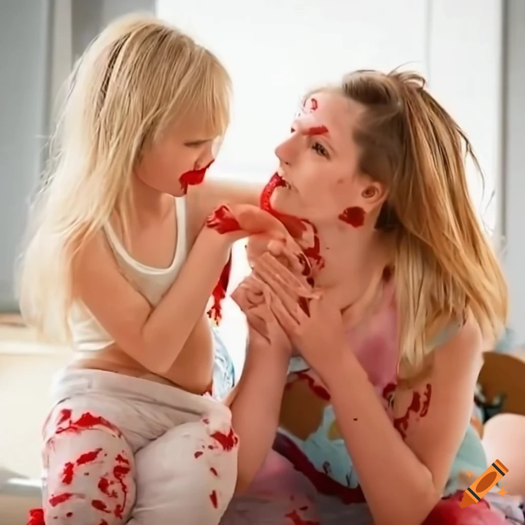 Blonde mother, daughter, and friend in a playful fighting match in a toy room under sunny weather