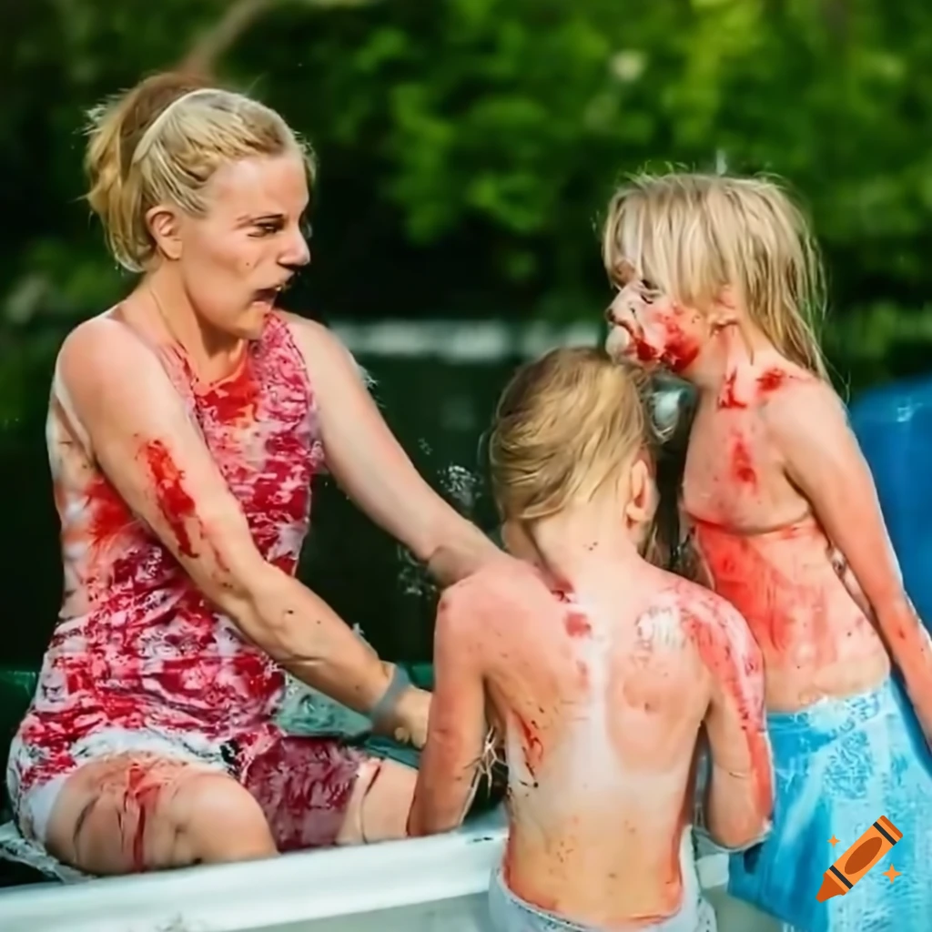 Blonde mother and daughters play fighting in an outdoor bath on a sunny day