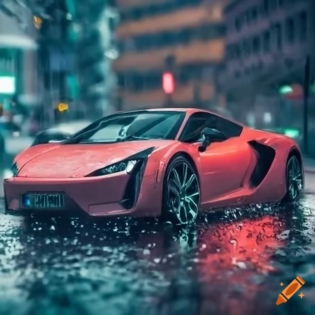 Sleek sports car on wet city roads during a rainstorm