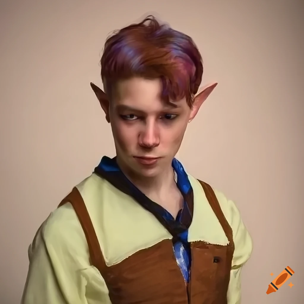 Handsome male half-elf bartender with dark skin and cotton-candy hair