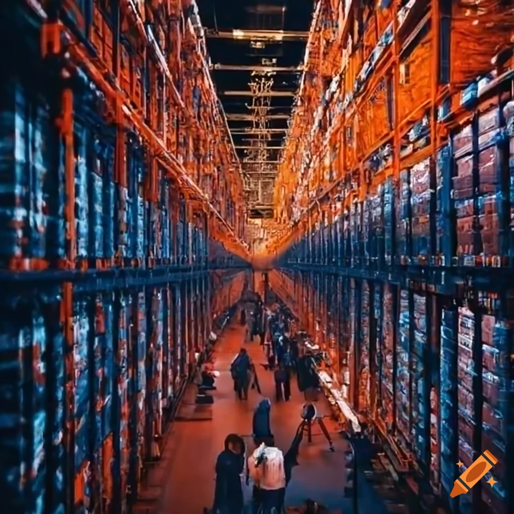 Group of people wearing orange uniforms posing in a warehouse aisle