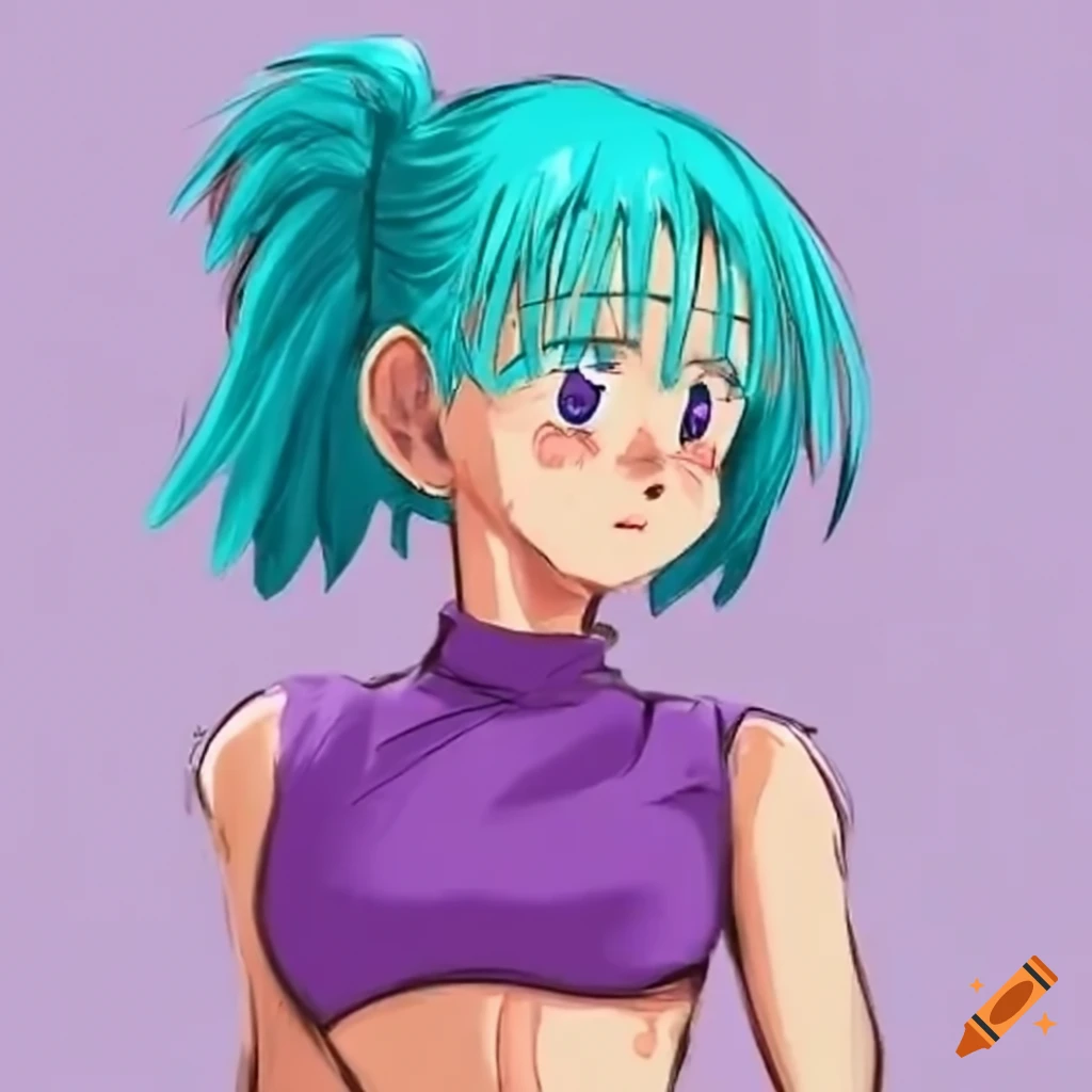 Female character with turquoise hair in a purple outfit laying on a bed
