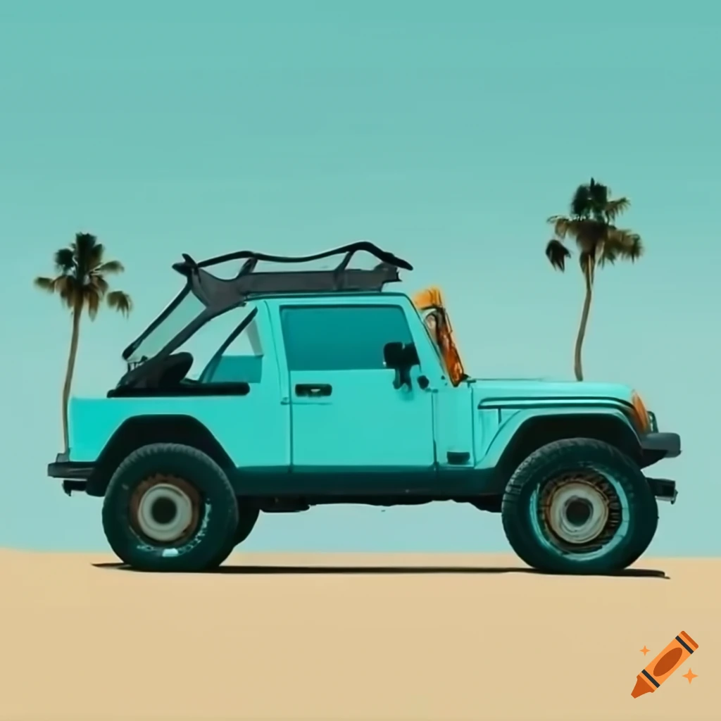 Teal jeep driving on a beach road lined with palm trees on Craiyon