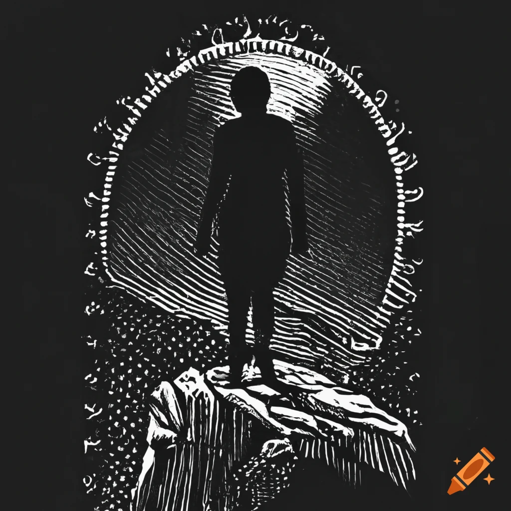 Silhouette of person walking off rocky cliff on Tarot Card engraving