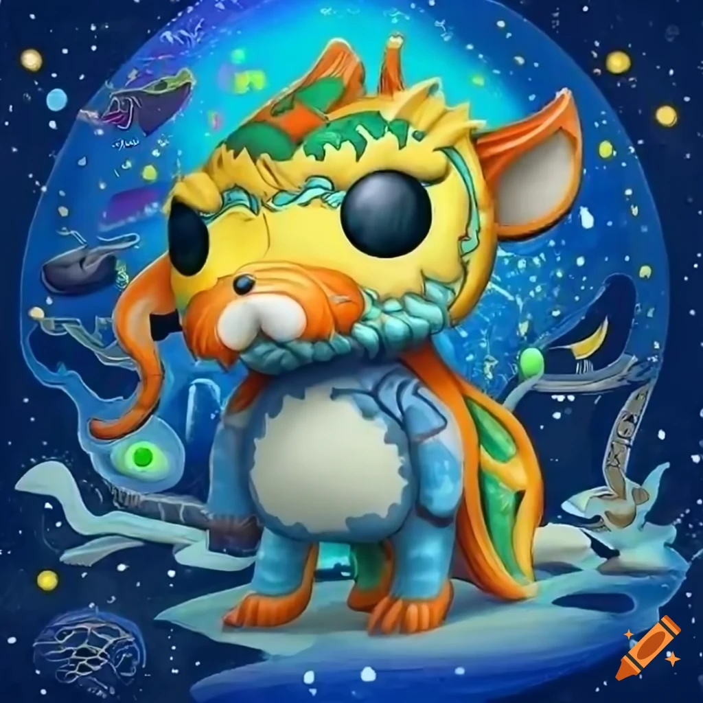 Funko Pop style tribal ancient art landscape with animals under the cosmos