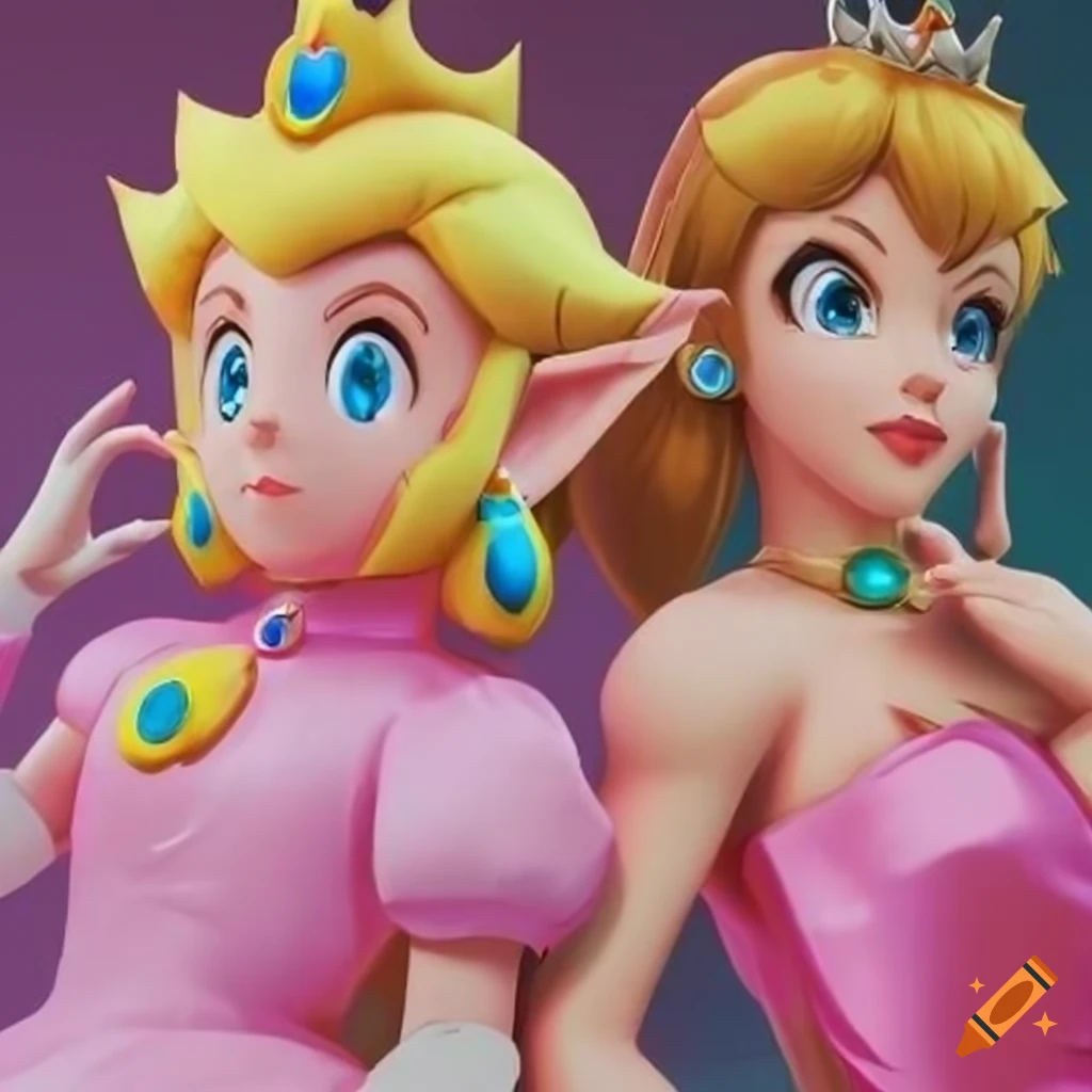 Princess Peach and Link in pink silk ballgowns posing together on Craiyon
