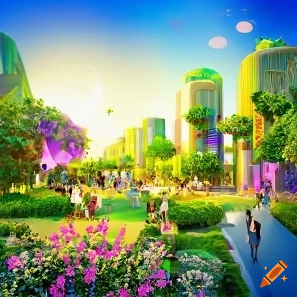 Idealistic vision of a futuristic city with lush gardens and advanced ...
