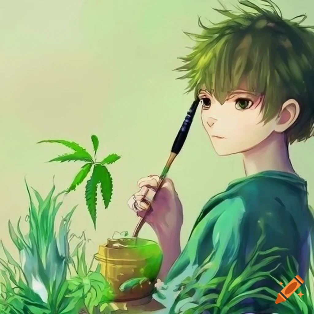 Anime boy painting a plant with a paintbrush in Studio Ghibli art style