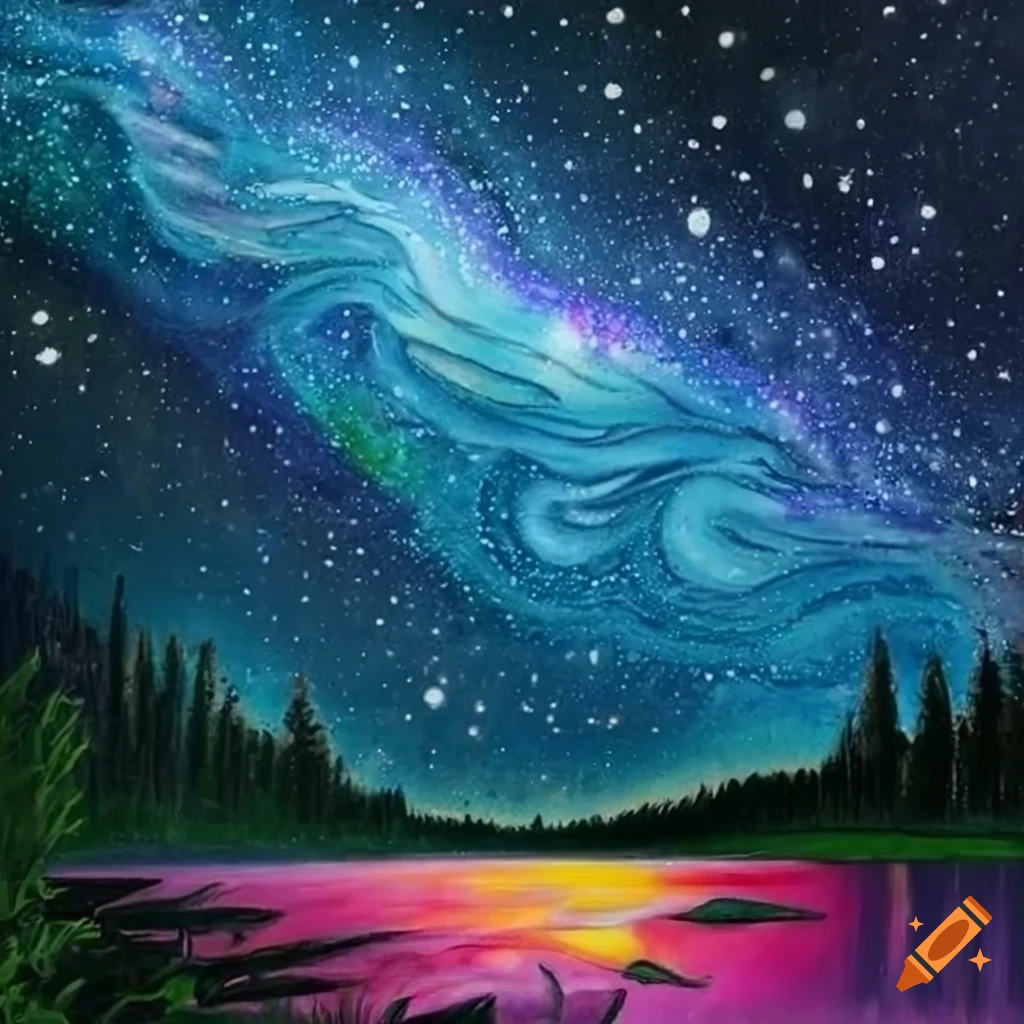 Siberian art landscape with cosmos and milky way