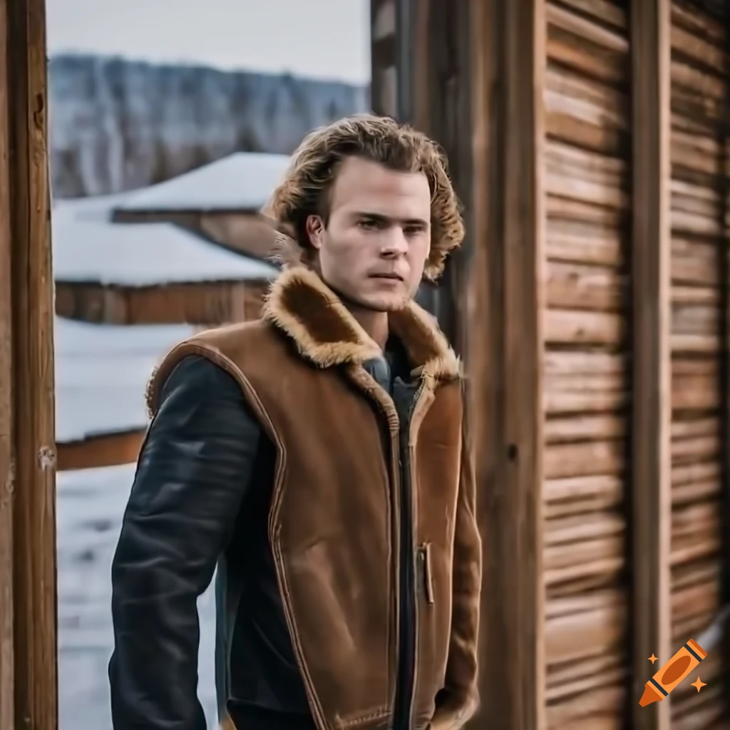 Young man in sheepskin bomber jacket and leather trousers standing in barn doorway