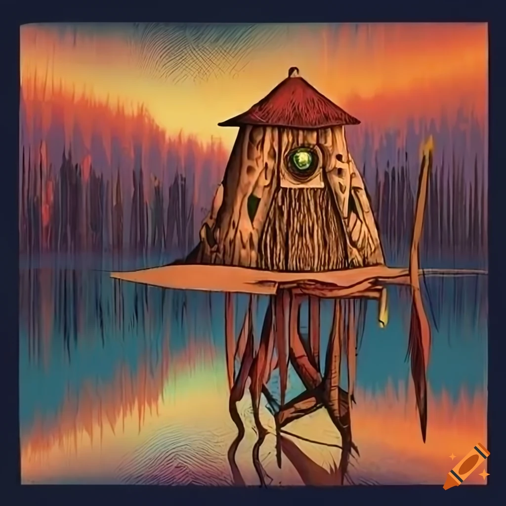 Baba Yaga with her surreal hut on giraffe legs over a lake at dawn