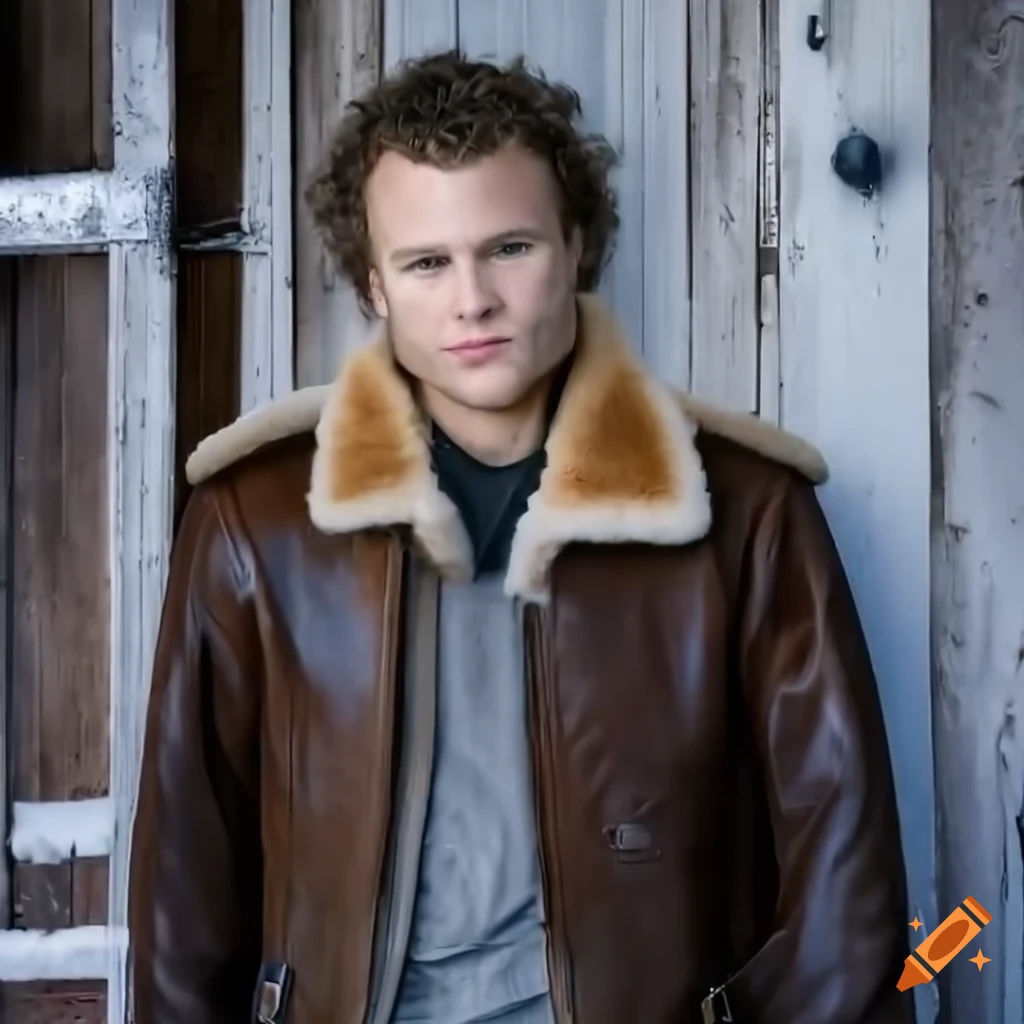 Young man in sheepskin bomber jacket and leather trousers standing in barn doorway