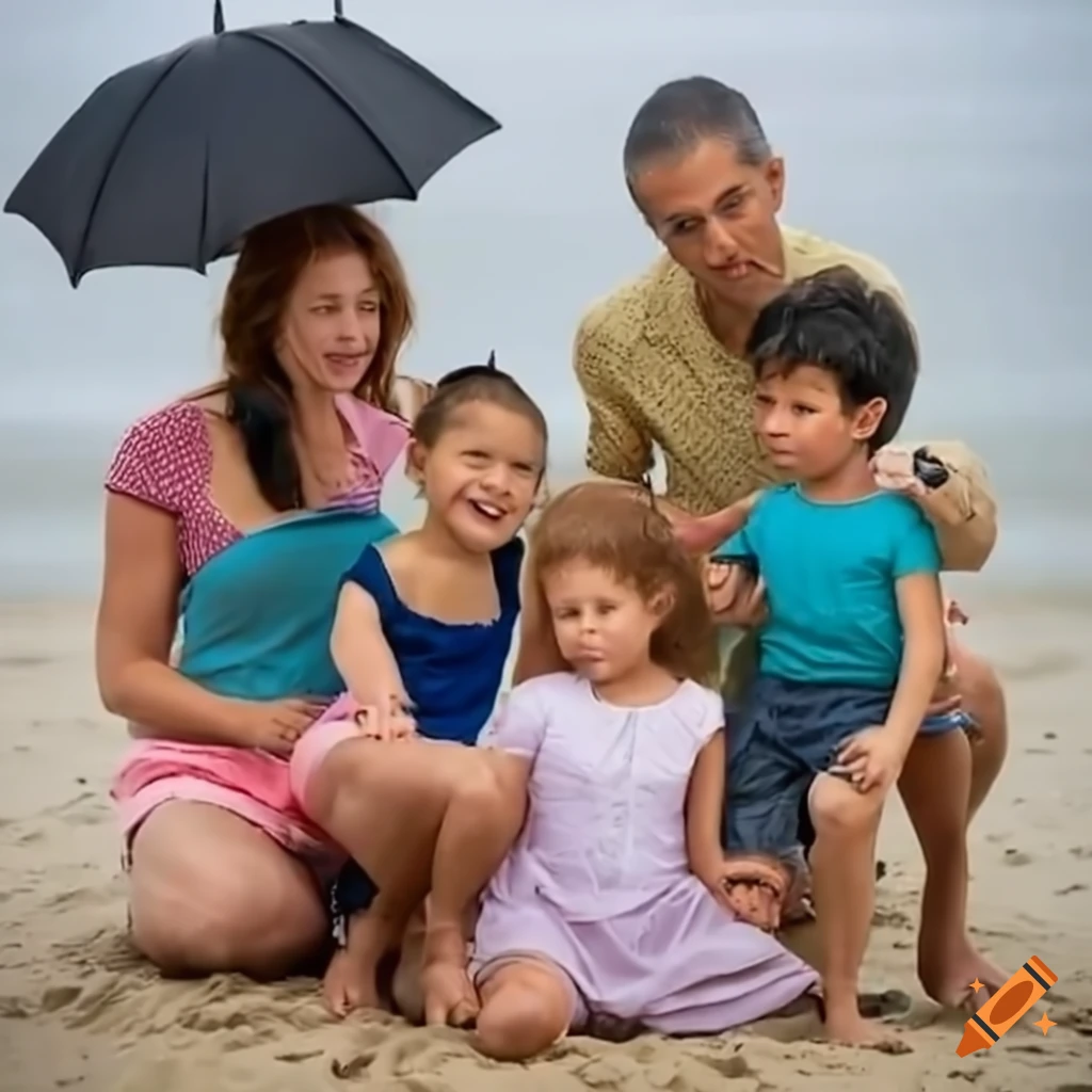 Family of four enjoying the beach in the rain