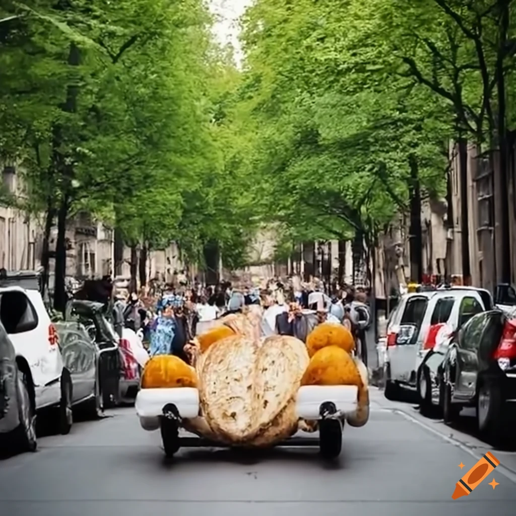 Fun race with baguette-made vehicles on a tree-lined French street