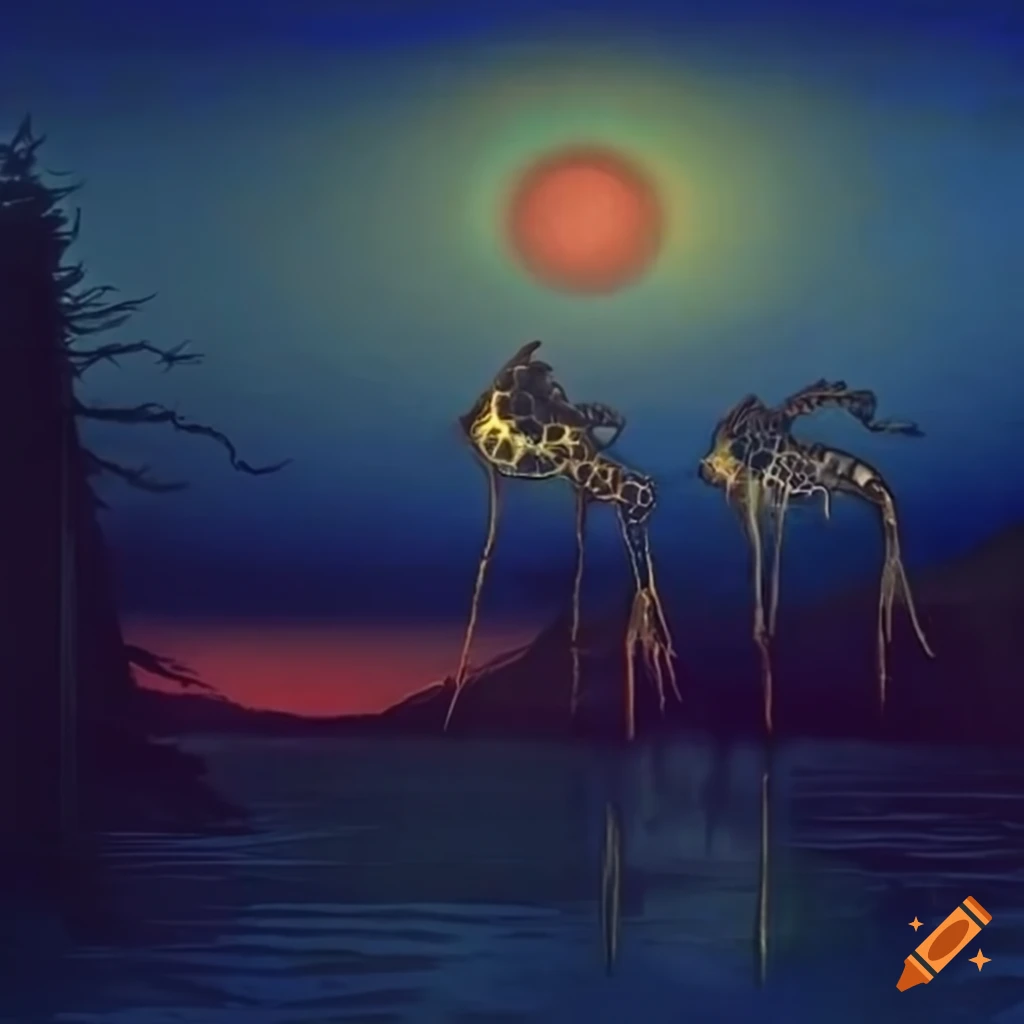 Baba Yaga's surreal hut with giraffe legs over a lake at dawn, Charley Harper illustration
