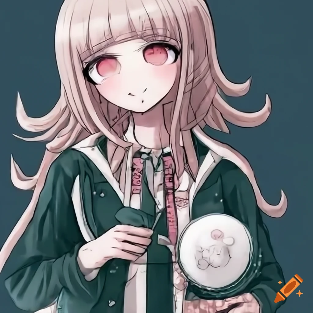Anime character Chiaki Nanami smiling with steaming rice ball in hand