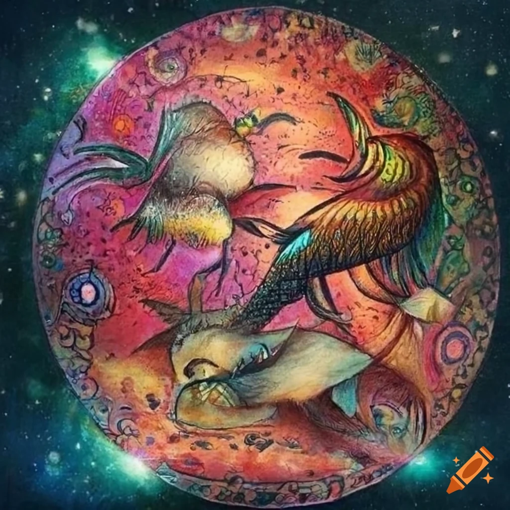 Tribal ancient art landscape cosmos milky way animals in colored pencil style