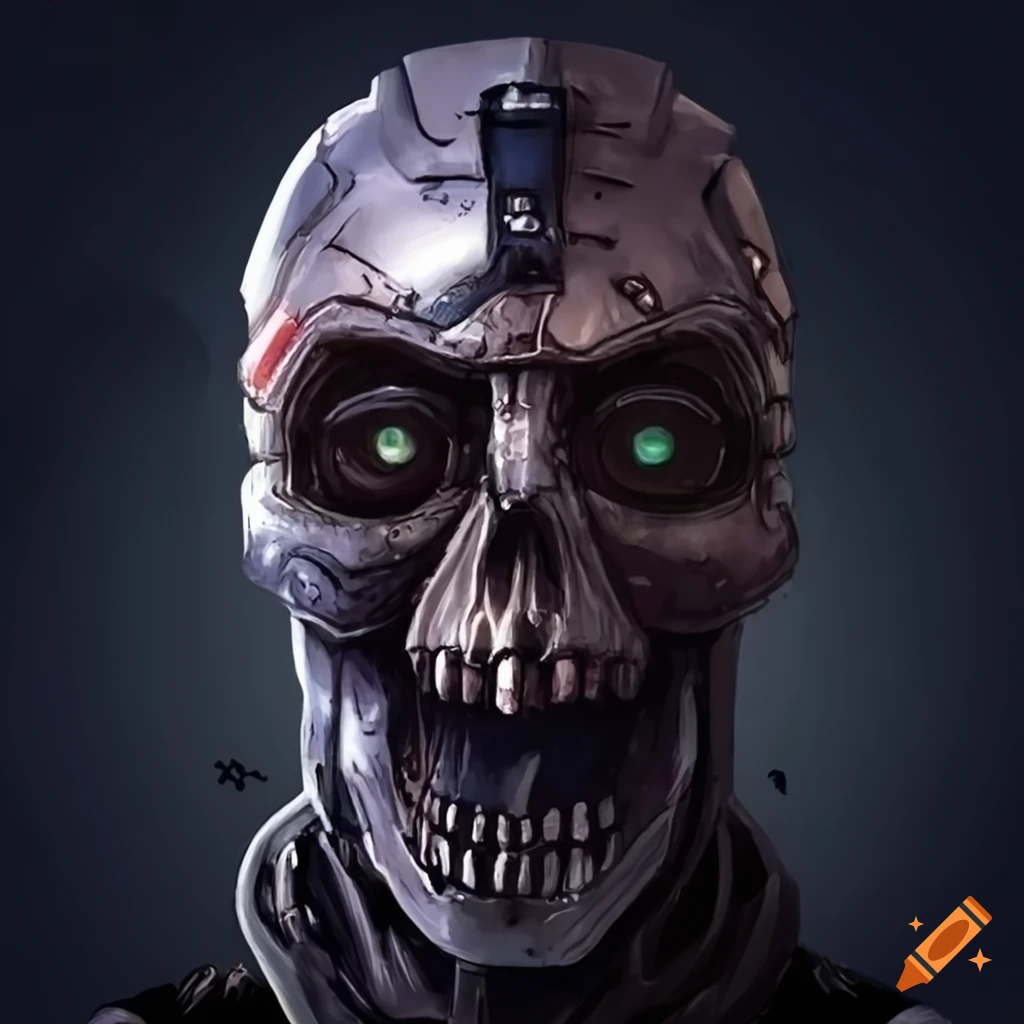 Egyptian cyborg with skull mask under space helmet
