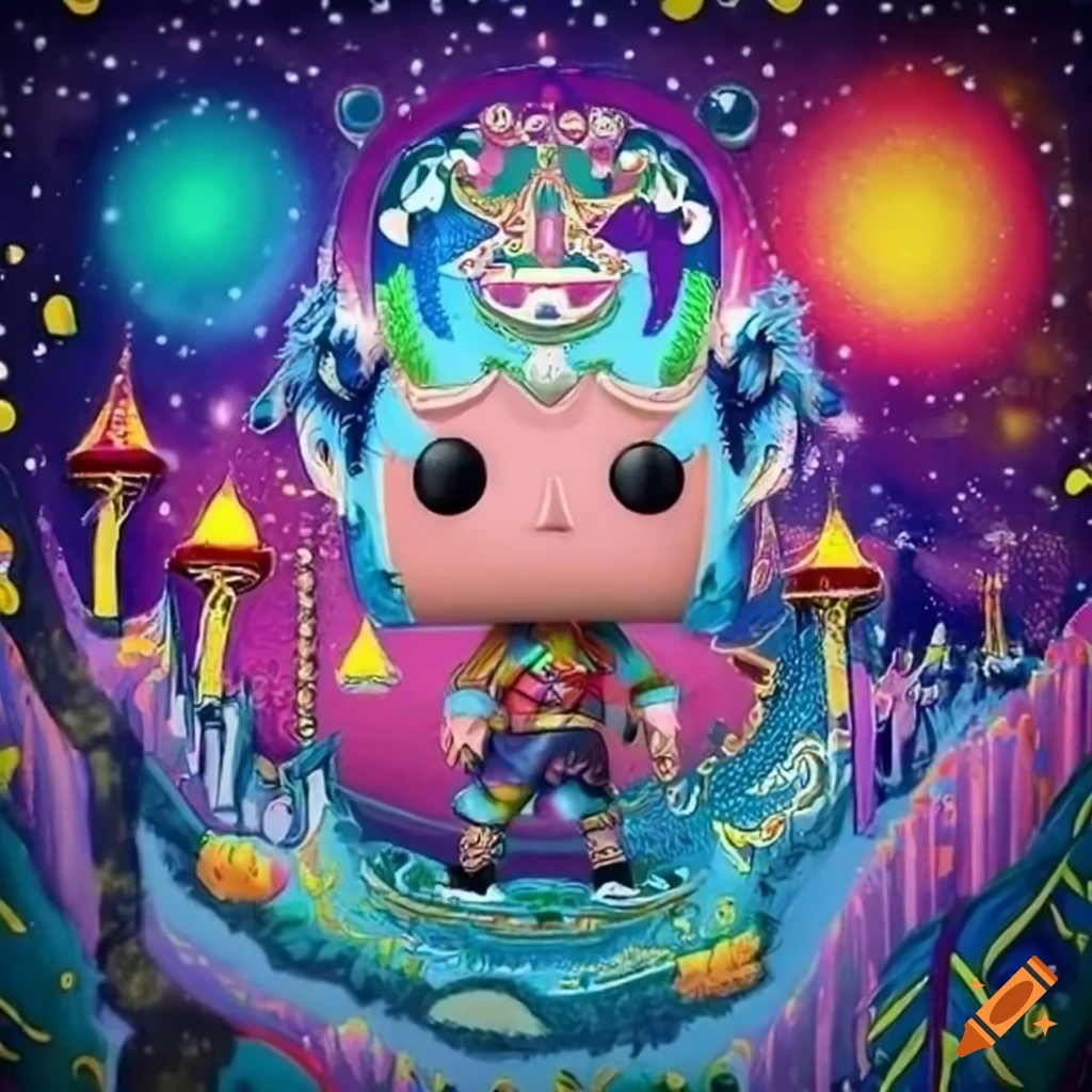 Funko Pop world in colored pencil style with tribal ancient art elements
