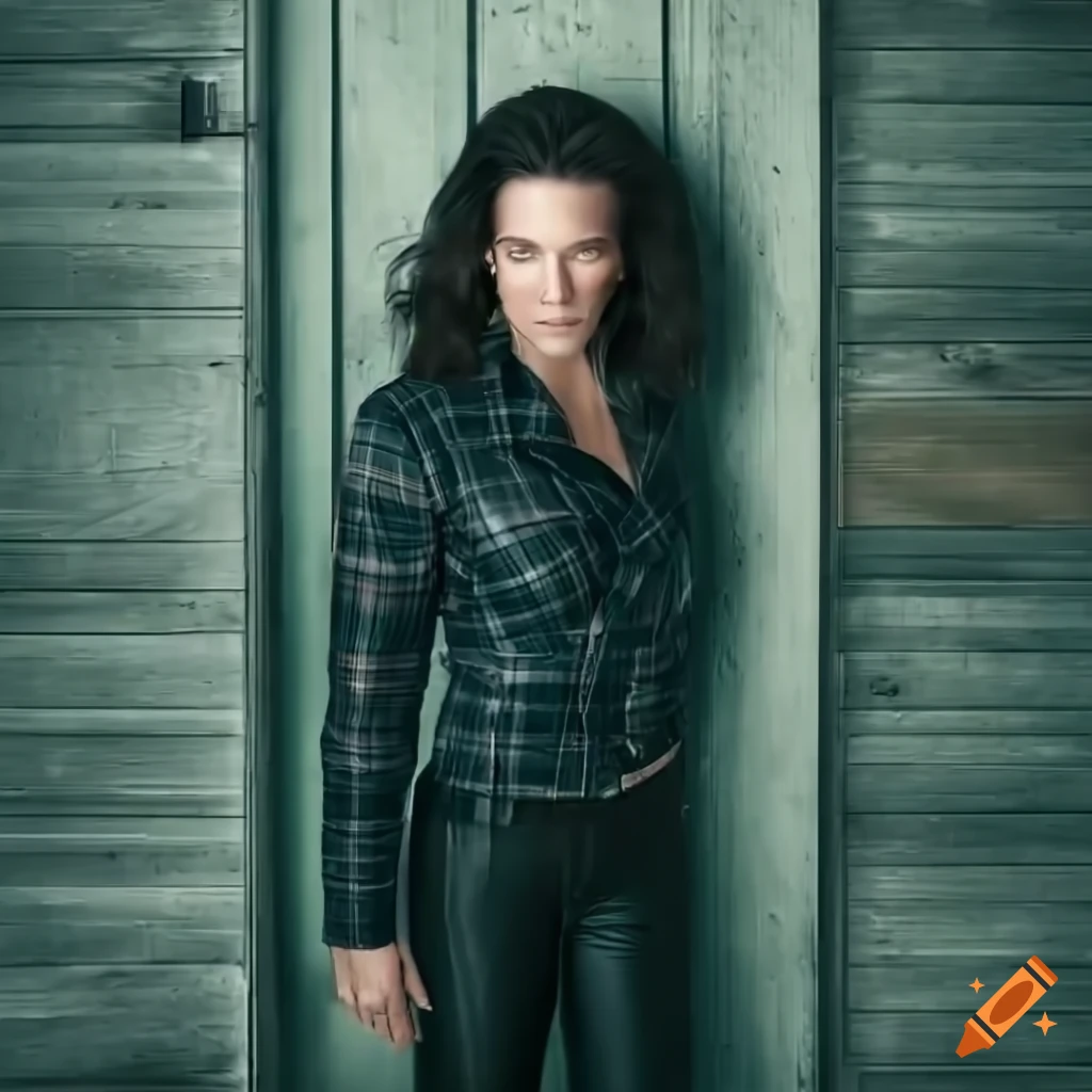 Actress evangeline lilly look-alike in country outfit standing in a barn doorway