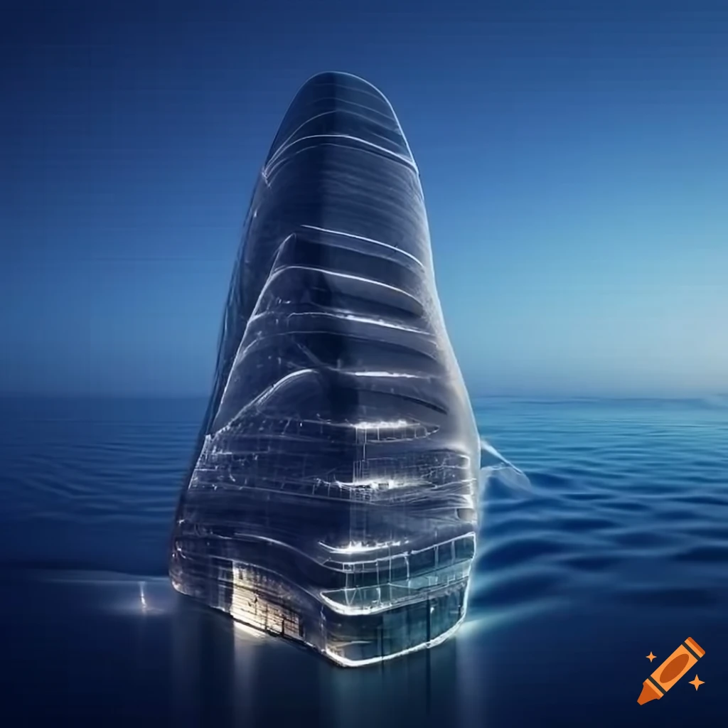 Futuristic skyscraper with Zaha Hadid architecture style and Art Nouveau sea wave glass mosaic