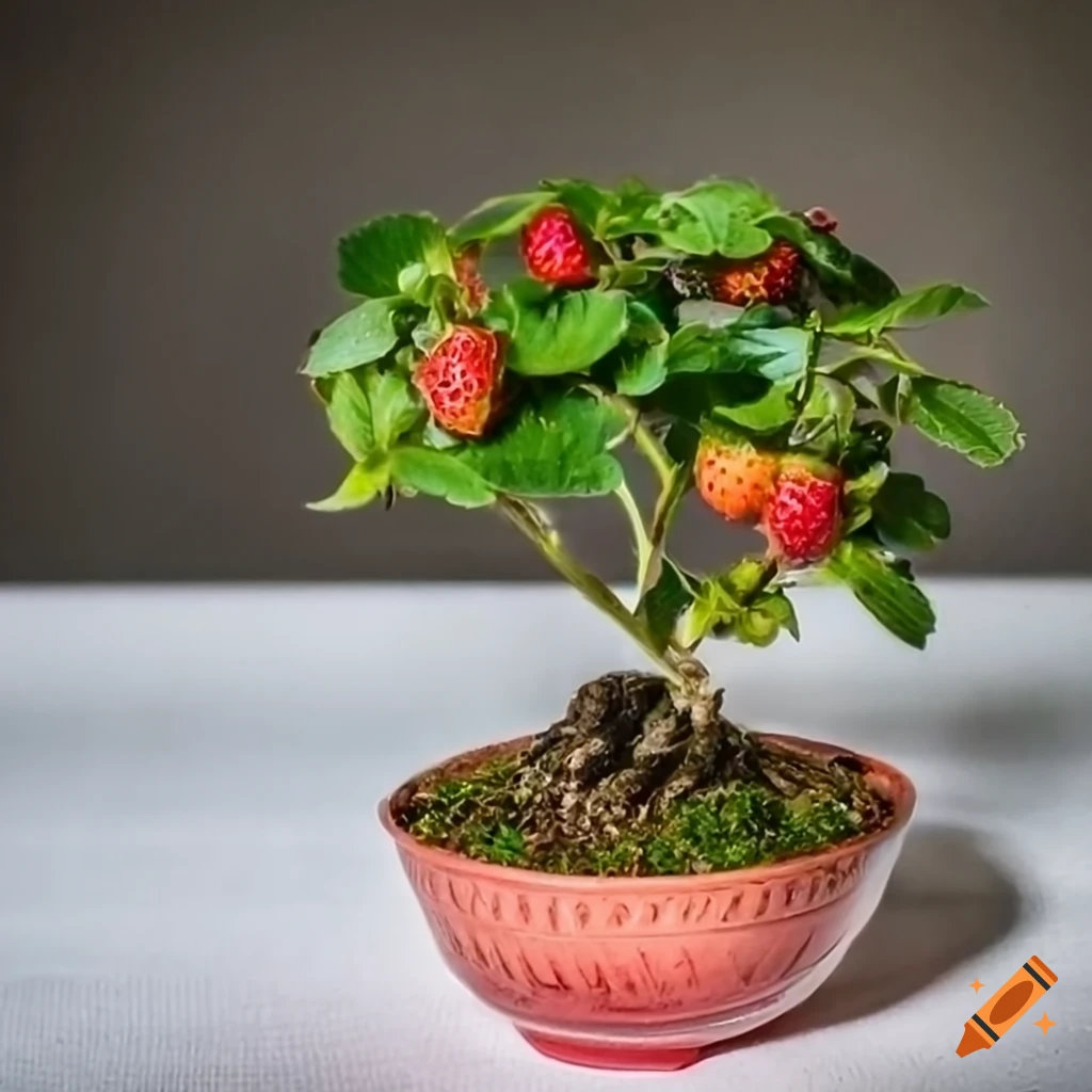 Strawberries bonsai on white ceramic table in aesthetic photo