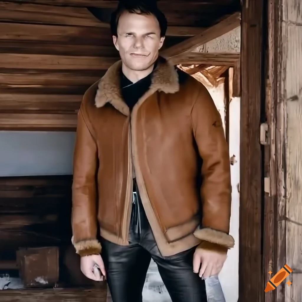 Young man in sheepskin bomber jacket and leather trousers standing in barn doorway