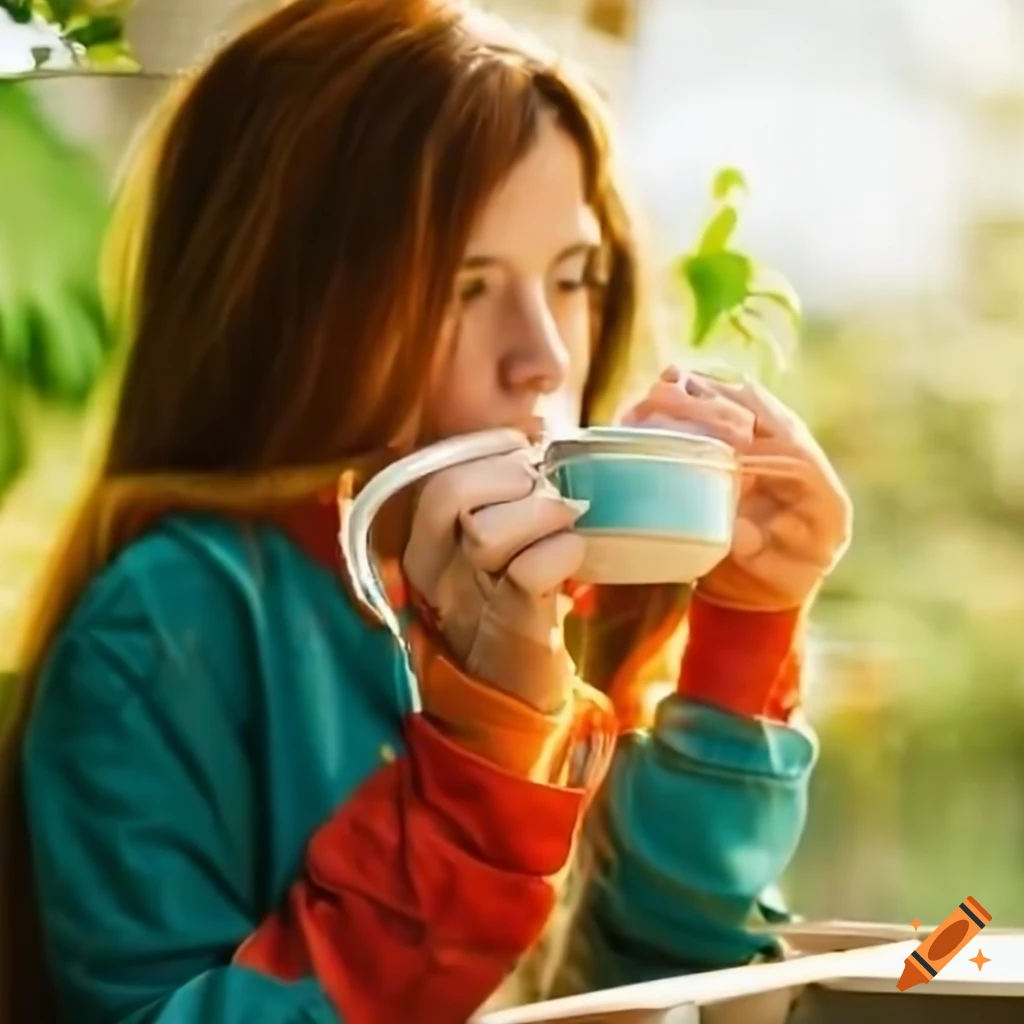 Woman drinking tea at a table in a greenhouse