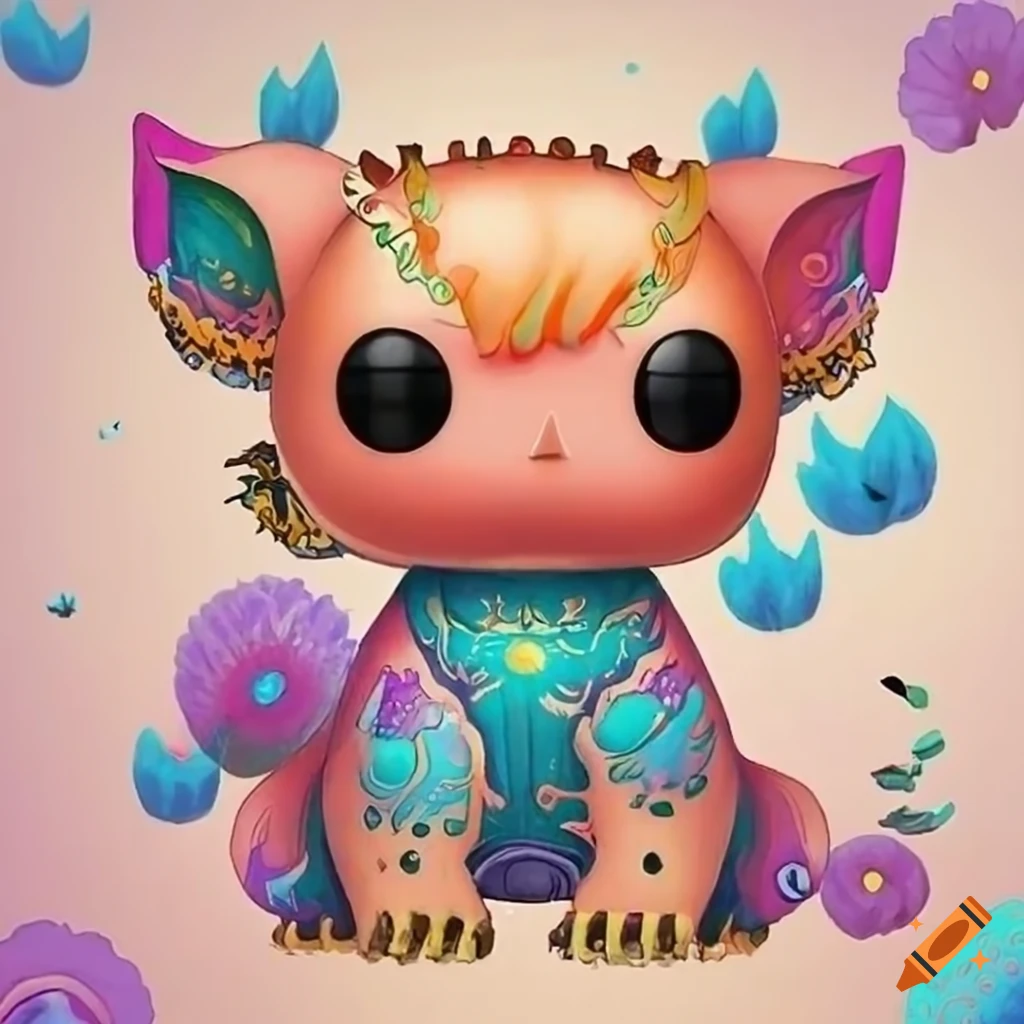 Funko Pop world in colored pencil style with a tribal ancient art landscape and cosmos theme