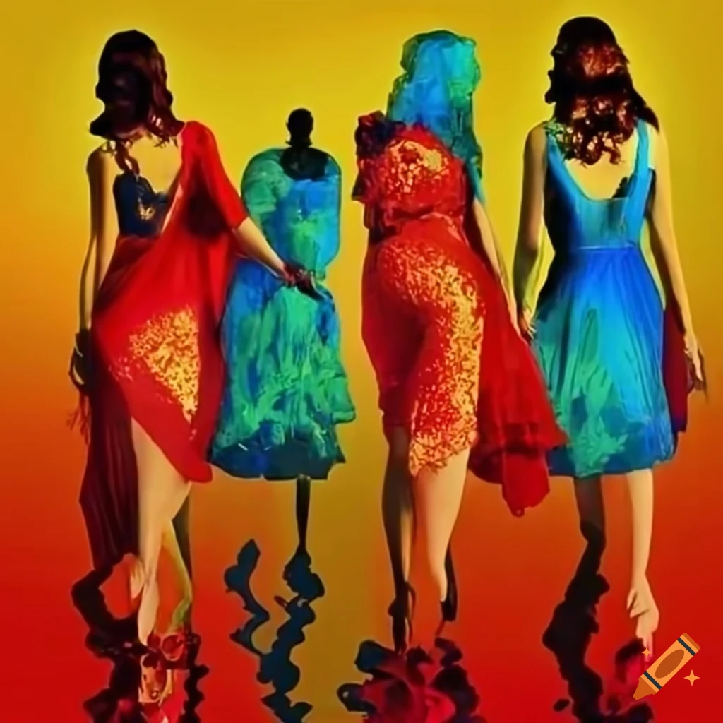 Three women in vibrant dresses in a surreal landscape inspired by Dali